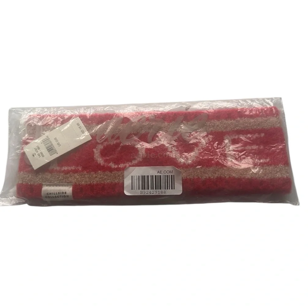 Aerie LOVE Red and White Striped Fuzzy Headband NWT